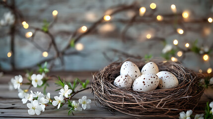 Fototapeta premium White Easter Eggs in a Nest with Fairy Lights and Flowers, A close-up of white speckled eggs nestled in a rustic bird's nest, adorned with warm fairy lights.