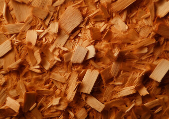 Wood shavings create textured background, showcasing natural fibers in warm tones. This close up view highlights organic shapes and colors of wood material