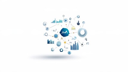 Modern Digital Architecture Featuring Charts, Graphs, Gears, and Icons Representing Business Analytics and Technology Innovations in a Clean White Background