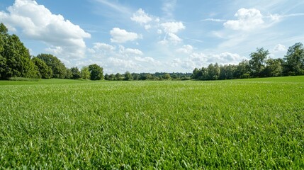 Wide shot of green grass field under a partly cloudy sky.  Possible use Background image for a nature-related website or brochure