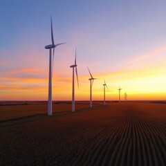 Wind Turbines at Sunset in a field.