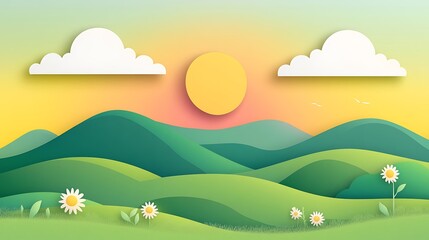 Fototapeta premium Serene Sunset Over Rolling Green Hills and Daisies