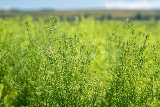 cumin plant in full bloom, against the backdrop of a sunlit field