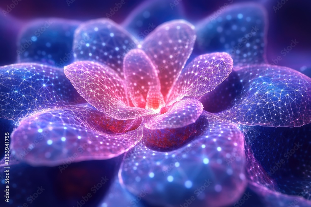 Wall mural abstract digital flower with glowing nodes and interconnected lines, creating a vibrant and futurist