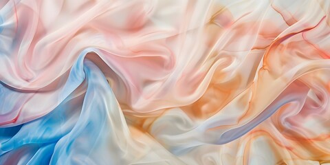 Obraz premium Pastel Dream: Soft, flowing fabric in a dreamy pastel color gradient of blues, pinks, and oranges. The fabric's delicate texture and gentle folds create a serene and calming visual.