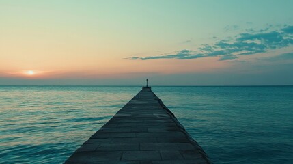 A tranquil seascape at sunset with a lighthouse in the distance, Seascape scene, Serene and picturesque style