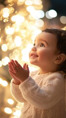 A happy baby girl claps her hands, smiling at the sparkling holiday decorations