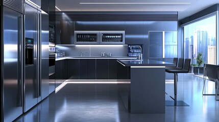 Sleek Modern Kitchen Featuring High-Tech Appliances and Metallic Accents in Contemporary Interior Design