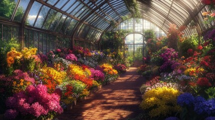 Sunlit Greenhouse: A Vibrant Floral Paradise