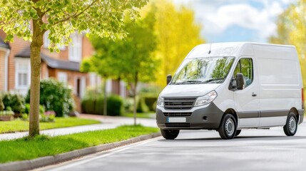 Fototapeta premium White van driving on residential street, sunny day. Delivery service
