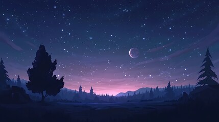 Naklejka premium Serene Night Sky Over Silhouetted Forest Landscape