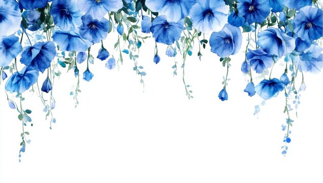 Floral garland, hanging blue flowers, white background, decorative border