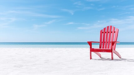 Red chair on white sand beach, ocean view, summer relaxation