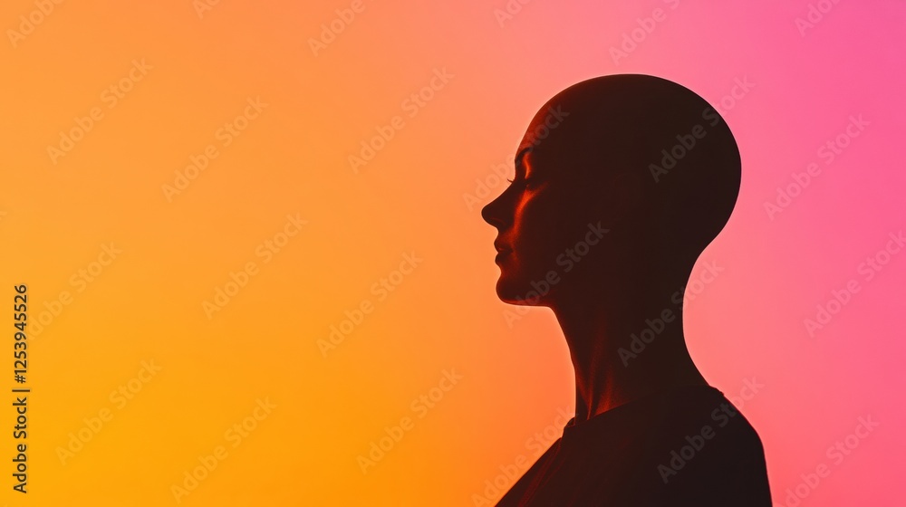 Fototapete silhouette of a person with visible bald patches against a colorful gradient background during sunse