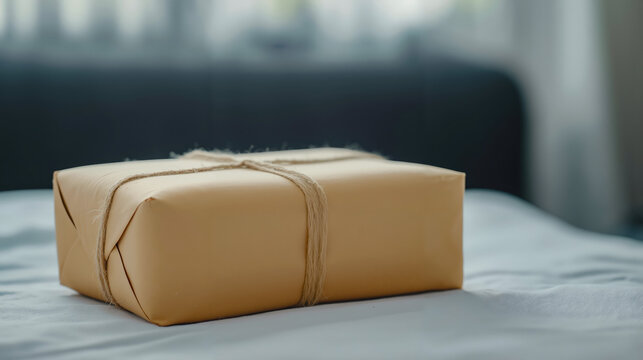 A parcel wrapped in brown paper sitting on a bed