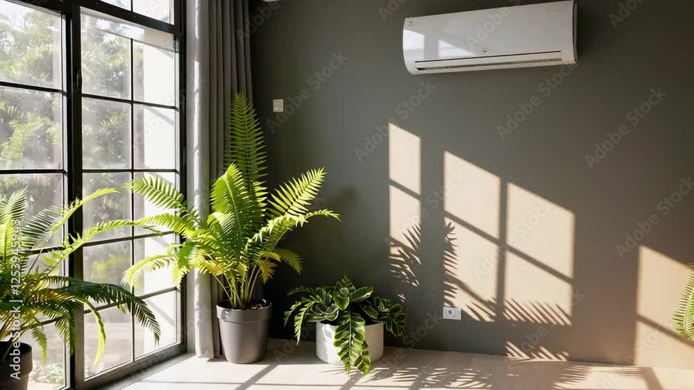 Poster soft sunlight gradually moving across interior space, revealing air conditioning unit and green pott