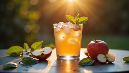 Fototapeta premium Refreshing apple cocktail with ice and basil against sunset glow 