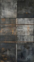 Abstract Industrial Textures: A captivating abstract artwork featuring a grid of panels, each exhibiting unique textures reminiscent of aged metal, rusted surfaces, and subtle gold accents.