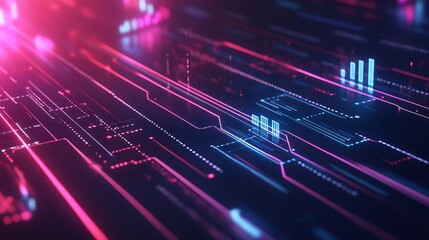 A glowing dynamic flowchart with curved financial lines conveys technological progress