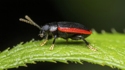 Fototapeta premium close up of black and red beetle on green leaf, showcasing its intricate details and textures