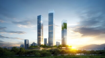 Obraz premium Modern skyline featuring futuristic skyscrapers with greenery, stunning sunset reflecting off glass facades, blending nature and urban architecture in a vibrant city landscape