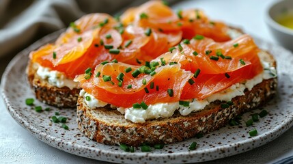 Smoked salmon, cream cheese, toast, breakfast