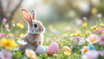 Fototapeta premium Easter celebration HD background. Bunny and egg for Easter background celebration