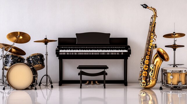 Modern Music Studio Set With Piano Saxophone And Drums