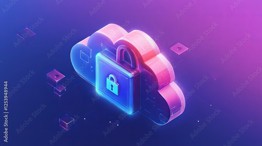 Poster secure cloud computing digital data protection network safety isometric illustration abstract techno