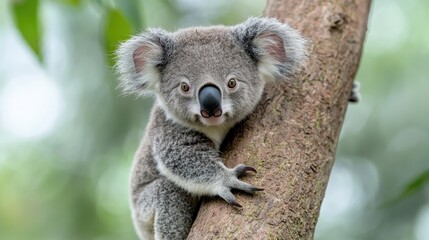 Koala joey on eucalyptus tree, forest background, wildlife conservation
