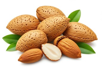 Whole almonds with rough brown shells with green leaves for garnish isolated on white background