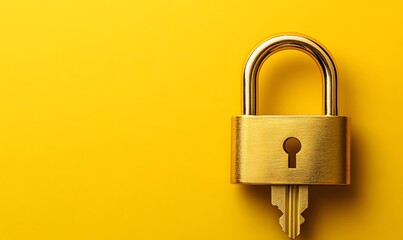 Golden padlock and key on a yellow background for security and access illustration