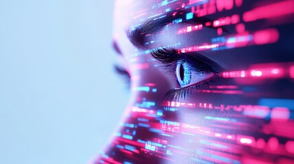 Attractive Woman with Digital Information Reflected on Her Face Close-Up, with Empty Space for Text (Technology, Artificial Intelligence, Data)