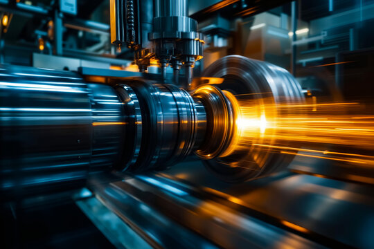 A close up of a metal lathe with sparks coming out of it