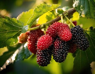  cluster of ripe mulberry on a branch