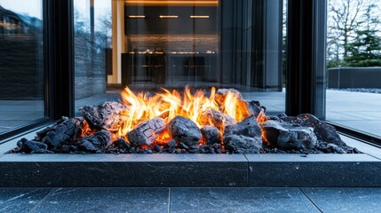 Softly glowing embers in a modern fireplace indoor setting relaxation scene contemporary design calm atmosphere