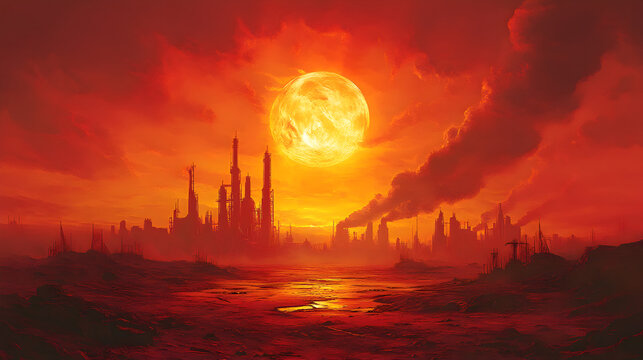 Dystopian Sunset: Industrial Skyline with Factories and Smoke, Orange and Red Horizon, Pollution Reflection on Water, Dramatic Silhouettes, Climate Change, Energy Landscape Near Desolate Wasteland - Powered by Adobe