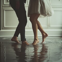 Two people dance elegantly on a polished floor, their bare feet moving gracefully, capturing a moment of intimate connection and joyful movement.