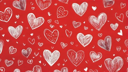 Red Background with Hand-Drawn White Hearts Pattern: Romantic Valentine's Day Texture, Love Design, Cute Illustration