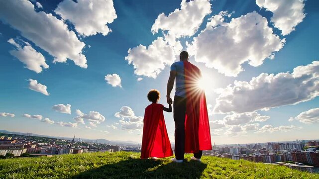 Father and son, wearing superhero capes, stand on a grassy hilltop, holding hands and gazing at a sprawling city skyline during a vibrant sunset, all captured in slow motion