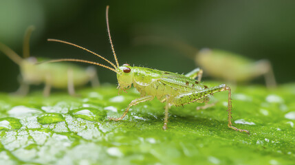 Fototapeta premium close up of green grasshopper on leaf with water droplets, showcasing nature beauty