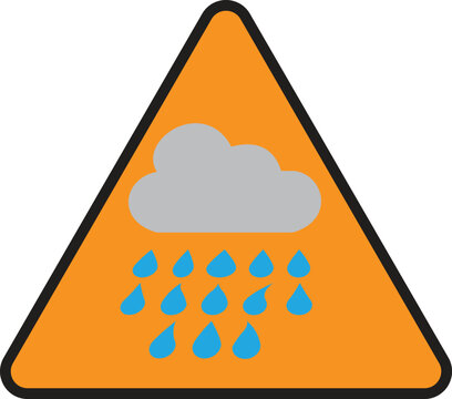 Heavy rain warning icon. Torrential rain hazard sign. Intense rainfall warning. Yellow triangle atorm alert symbol. flat style. Vector
