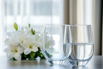 Two glasses of water and white flowers on table.
