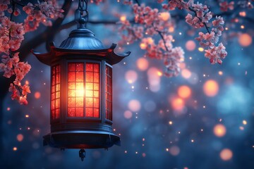 Beautiful lantern glowing softly among pink cherry blossom branches at twilight in a serene garden setting