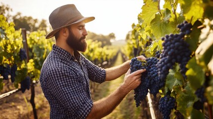 A winemaker inspecting grapes in a vineyard during harvest season, with rows of grapevines and rustic equipment, Vineyard scene