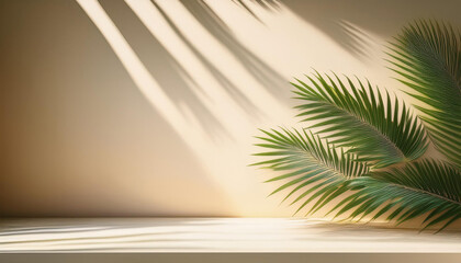 tropical palm leaves foliage with daylight shadows on light cream wall minimalistic abstract stunning blurred summer time or spring historical past mockup for product presentation