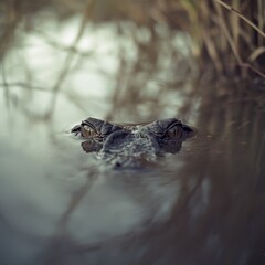 Fototapeta premium An alligator's eyes peer above the water's surface in a swamp, embodying stealth and the mystery of the untamed wild.