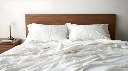 White Bedding On Wood Headboard Bed In Modern Bedroom