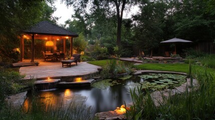 Serene Backyard Oasis: Illuminated Gazebo, Koi Pond, and Lush Greenery at Dusk