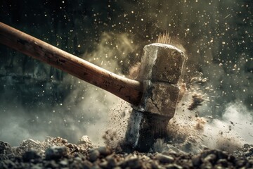 Dramatic Sledgehammer Impact: Breaking Concrete in Mid-Swing for Construction and Demolition Themes